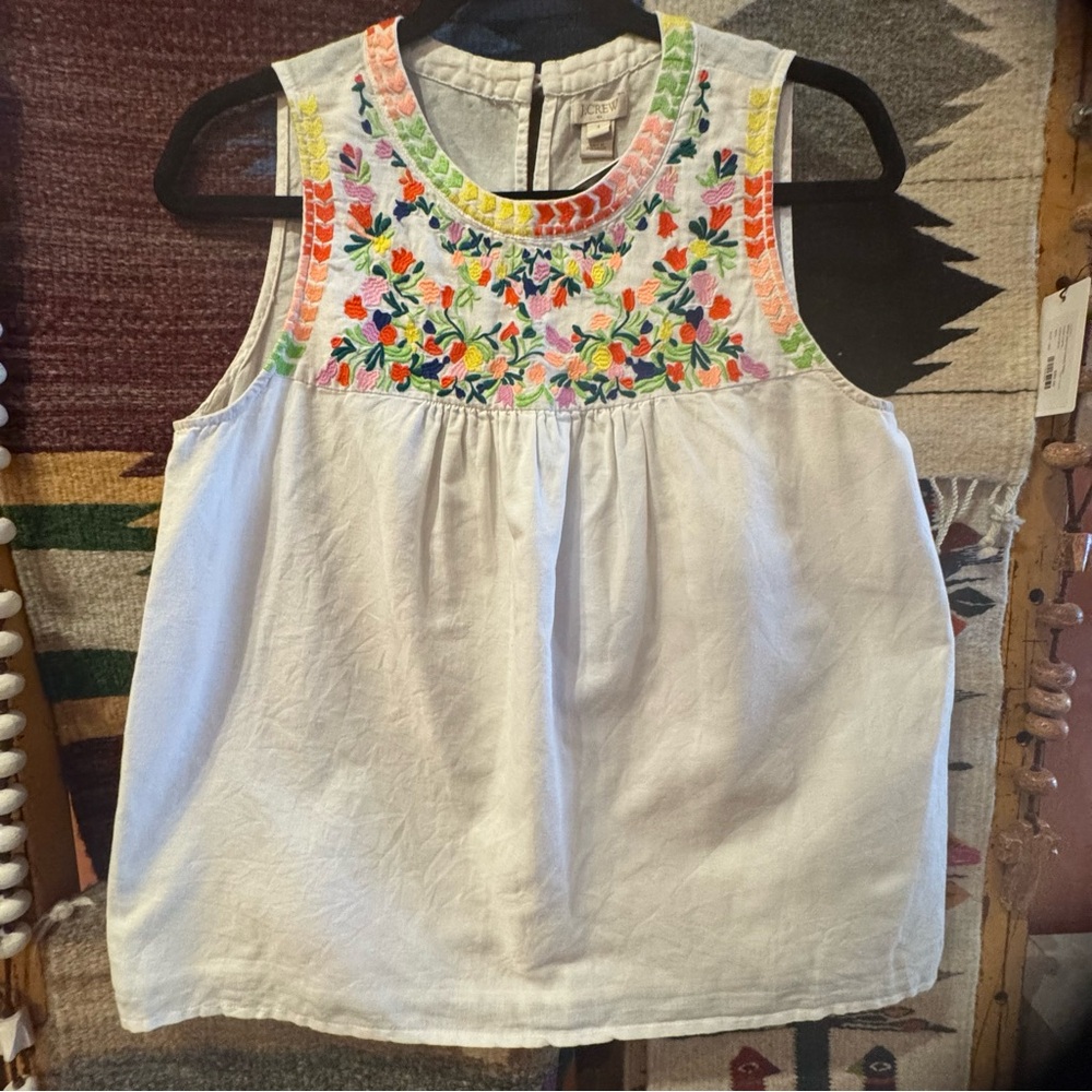 J Crew Size 4 Linen Cotton Floral Embroidered White sleevelesss Top - Picture 4 of 14